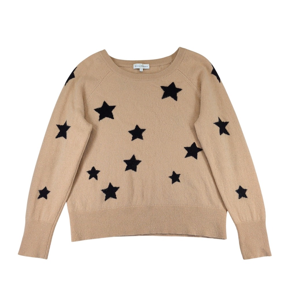 White + Warren 100% Cashmere Star Intarsia Crewneck Sweater Camel Tan Large L